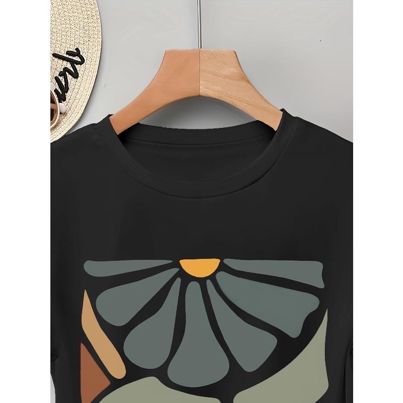 European sizes Women's Short Sleeve T-Shirt with Elegant Stained Glass Floral Art Print - Casual Relaxed Fit, Machine Washable