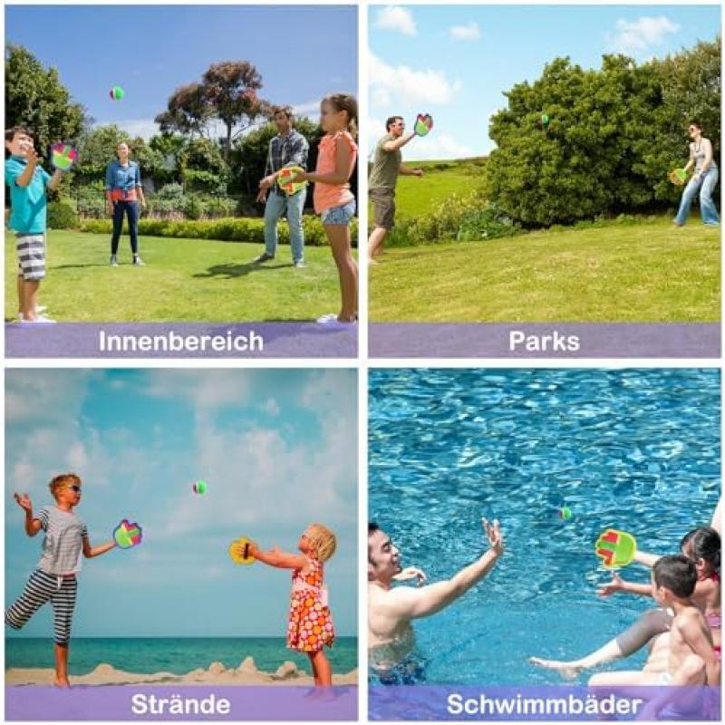 Kinder Outdoor Wurfspiel Set mit 2 Klettbällen & 2 Schlägern, Strand Garten Spielzeug für Kinder Alter 3-6 Jahre, Eltern-Kind Outdoor Spiele