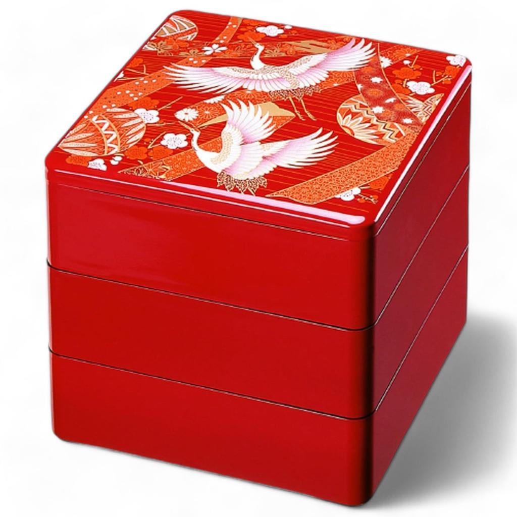 J-kitchens Lacquerware Jubako Box, 3 Tiers, 7.5 Inch, Deep, Red Temari Crane Design, 22cm, Resin, Made In Japan