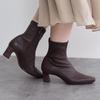 HIMIKO / 5cm Modified Heel Sheep Leather Stretch Boots / 641404D Brown 240