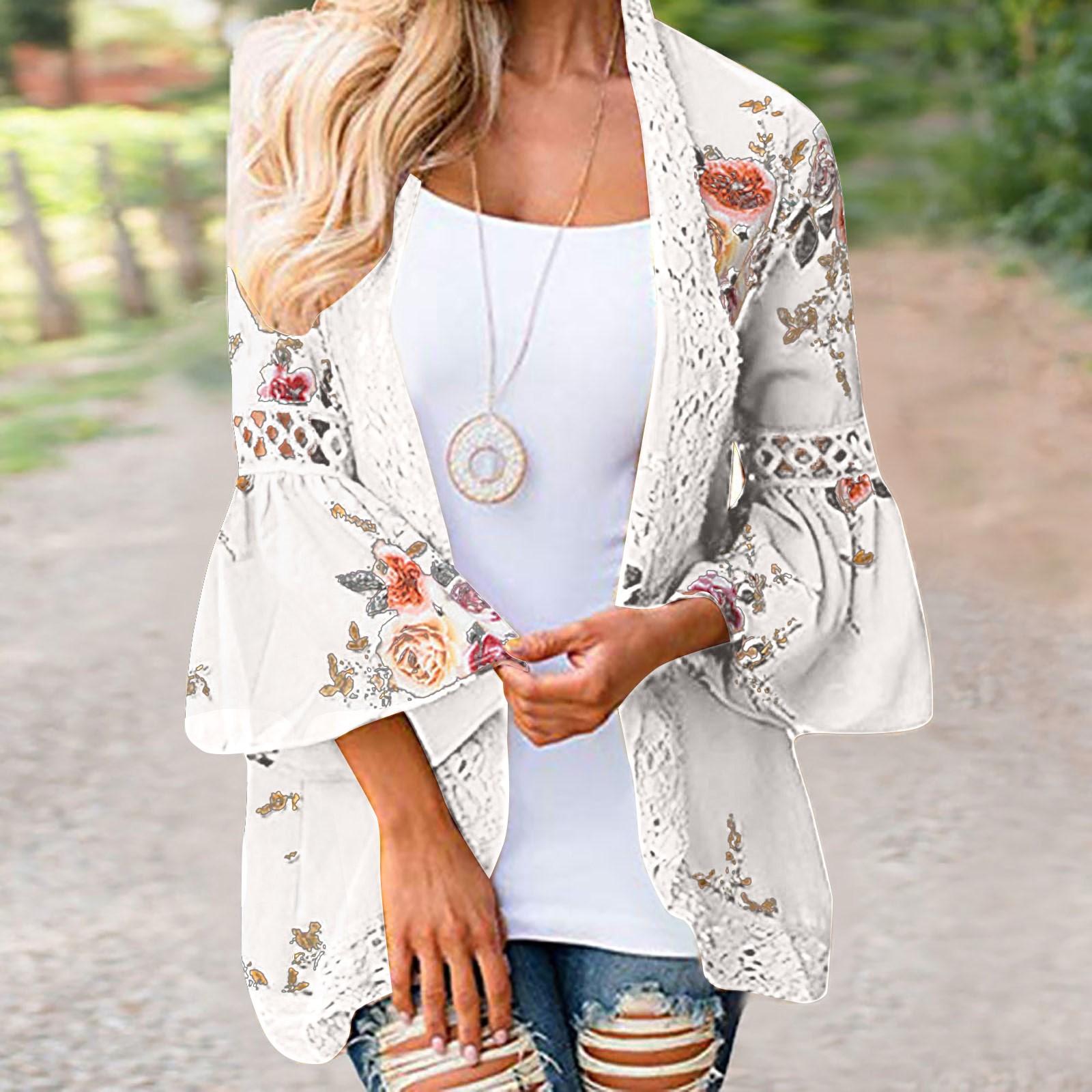 

Women Lace Floral Open Cape Casual Coat Blouse Kimono Jacket Cardigan XXL білий