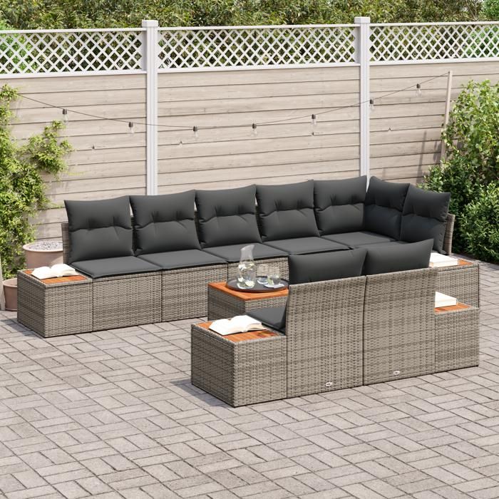 VidaXL Ensemble de Canapés de Jardin 9 pièces avec Coussins Gris Poly Rattan Acacia 3348115