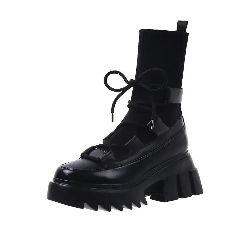 

распродажа Черные ботильоны на танкетке и платформе, женские модные туфли на шнуровке и высоком каблуке, эластичные трикотажные ботильоны для женщин 39 чёрный