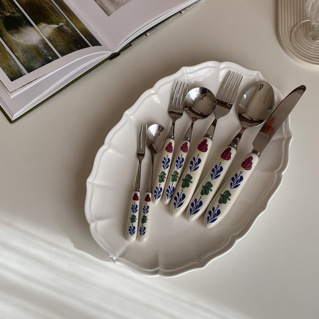Coltello Cucchiaio Motivo Floreale Retrò Forchetta Acciaio Inossidabile Manico Ceramica Cucchiaino Torta Dessert Forchetta Frutta Set Cucchiaino Caffè