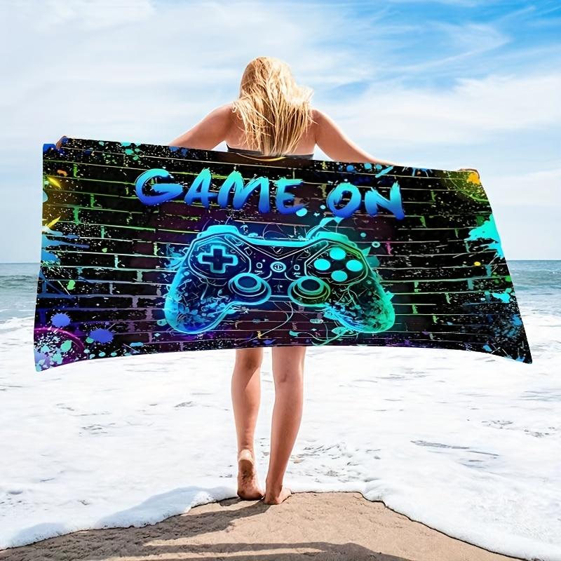 Neon Game Controller Game On Brick Wall Beach Towel Graffiti Gaming Print Microfiber Quick Dry Large Swim Blanket for Gamers