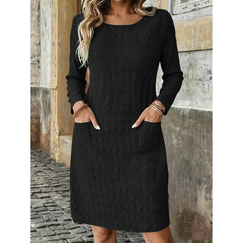 BFCCQB Women's Fashion Autumn Winter Solid Color Print O-Neck Long Sleeve Casual Dresses