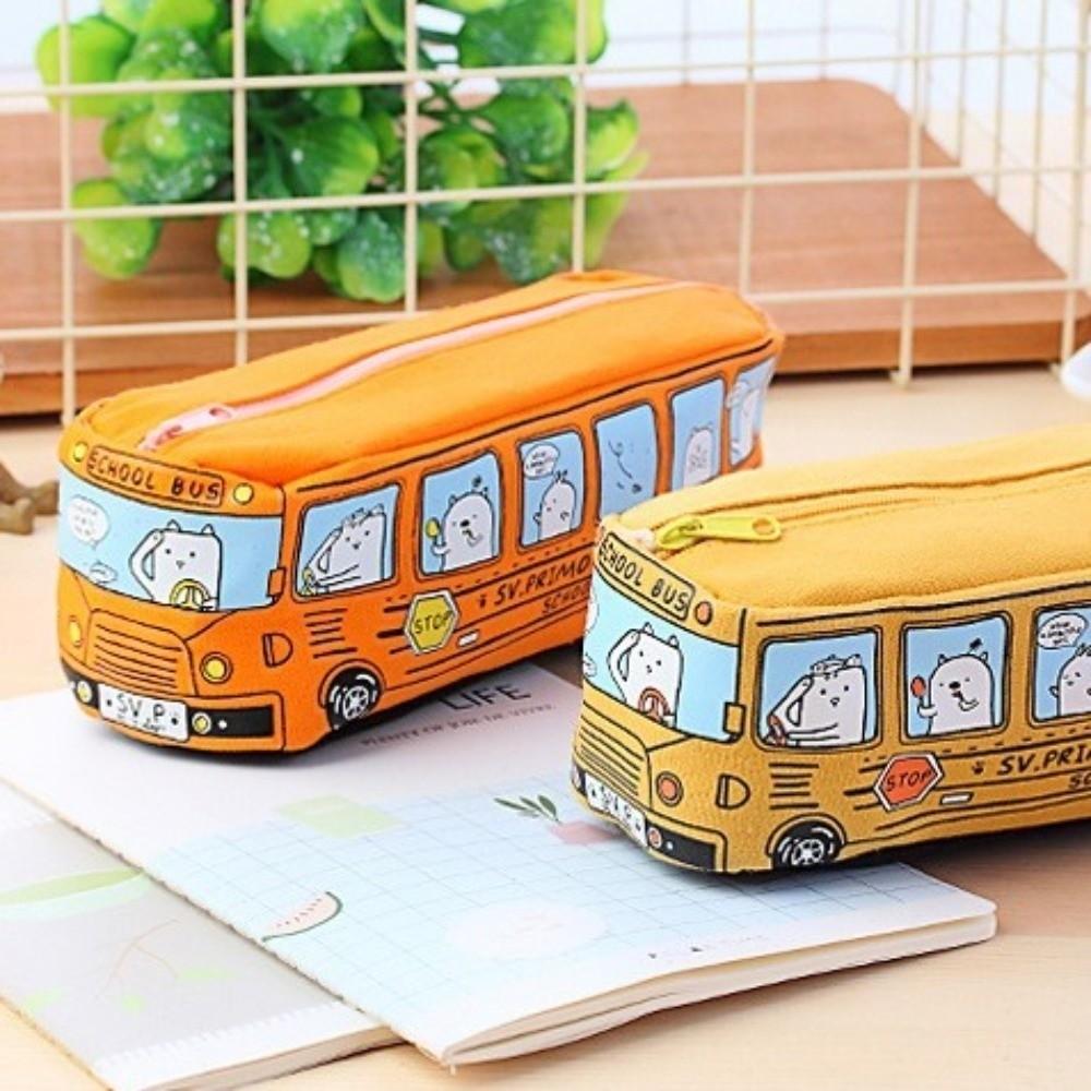Zipper Closure School Bus Pencil Case Canvas Material Stationery Box Pen Bag Storage Use