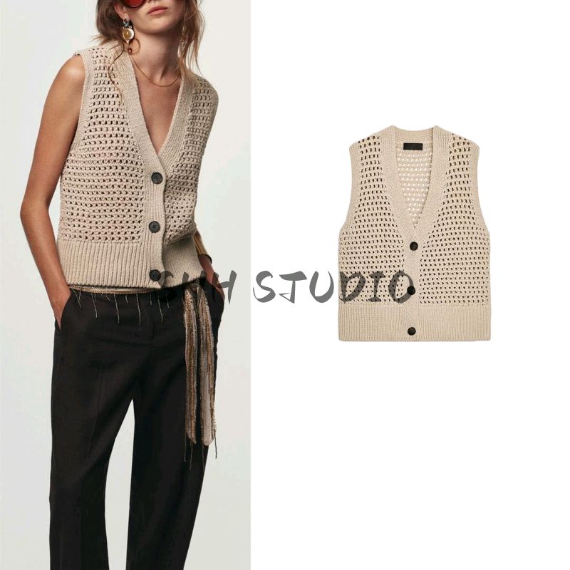 Autumn New Women's Clothing French Laziness Hole Sweater Cardigan V Neck Sleeveless Knitting Vest 6771125