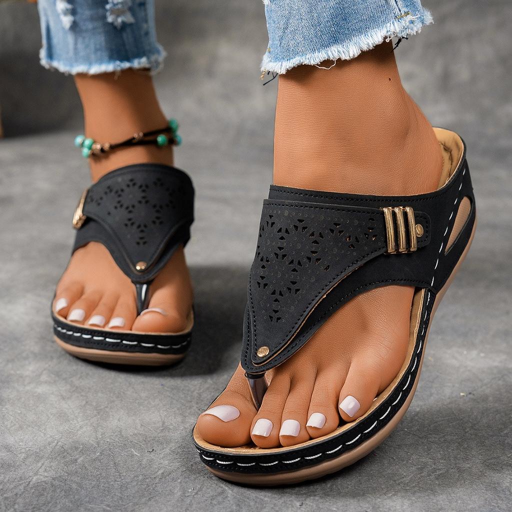 Flop Fashion Flip Thong Womens Sandals Cutout Design Soft Sole Slope Heel Metallic Embellishment Comfortable Beach Flip Flops Womens Sandals