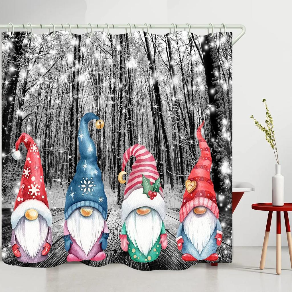 Funny Christmas Snowman Gnomes By Ho Me Lili Santa Claus Xmas Ball On Rustic Wooden Holiday Decor Shower Curtains