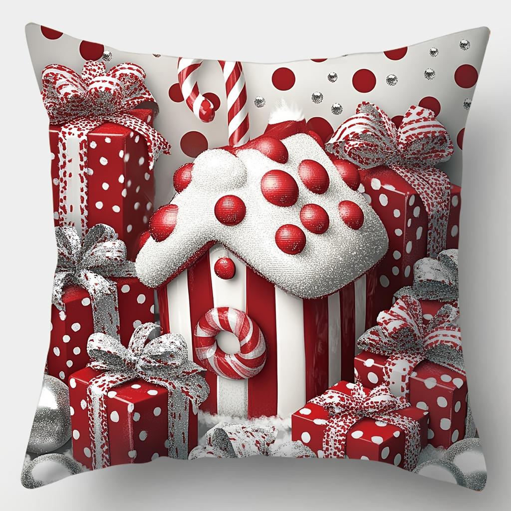 1pc Christmas Cushion Cover Candy House Snowman Pattern Cozy Soft Washable Cover Zippered Cushion Cases Gift for Home Decoration