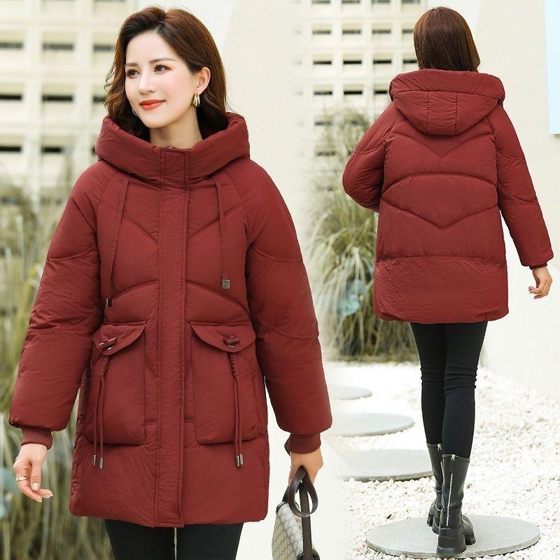 

Зимняя пуховая хлопковая одежда, западный стиль, зимняя женская, осенне-зимние куртки, средней длины XL вино красного
