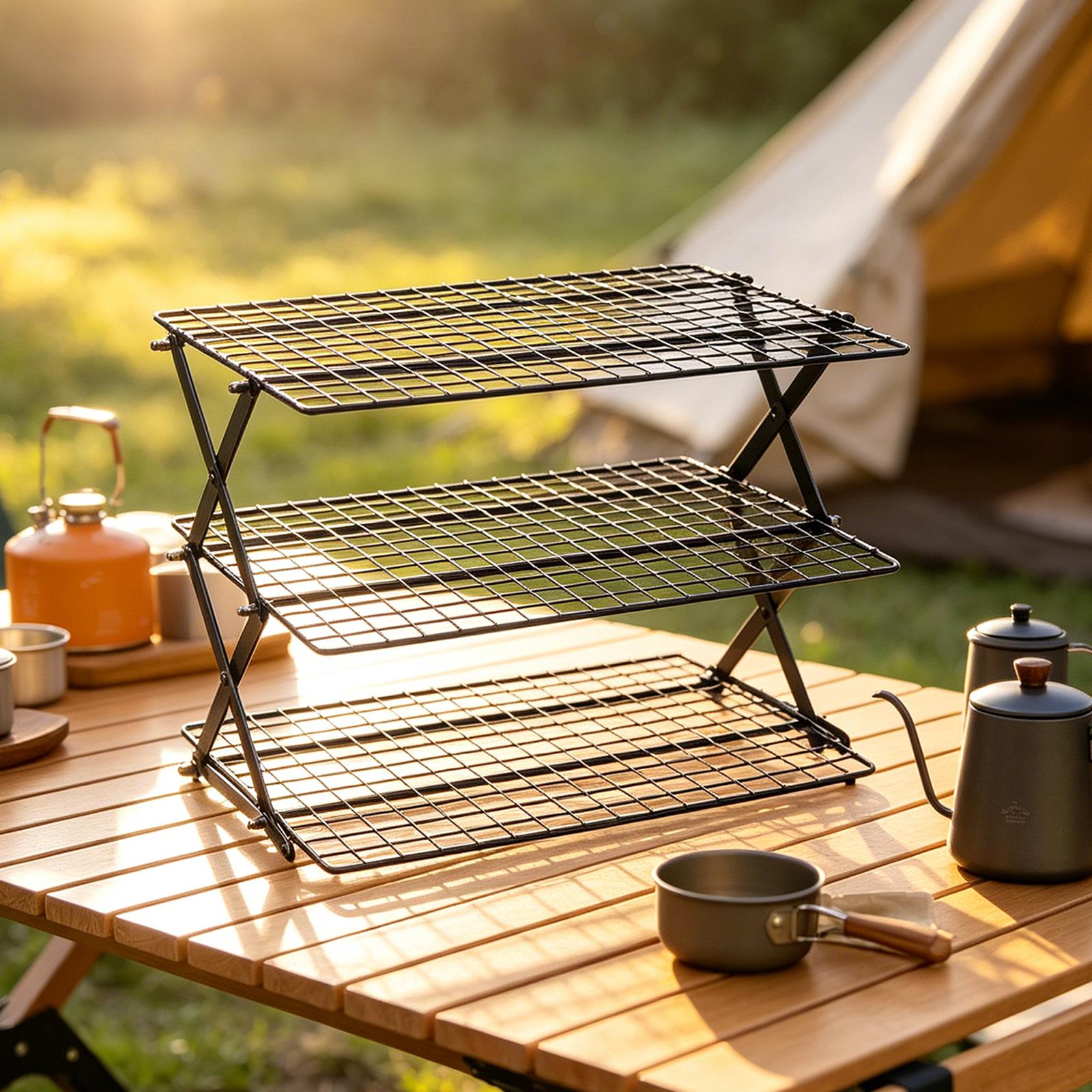 

Multi Layer Cooling Rack Iron Storage Stand Folding Design Space Saving for Barbecue Picnic Kitchen 3 Tier