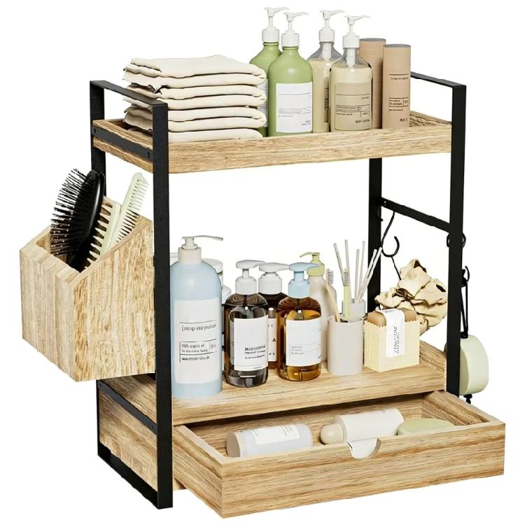 

Country Style Wood Shelf Unit With Metal Frame And Pegs For Shampoo Bottles 1