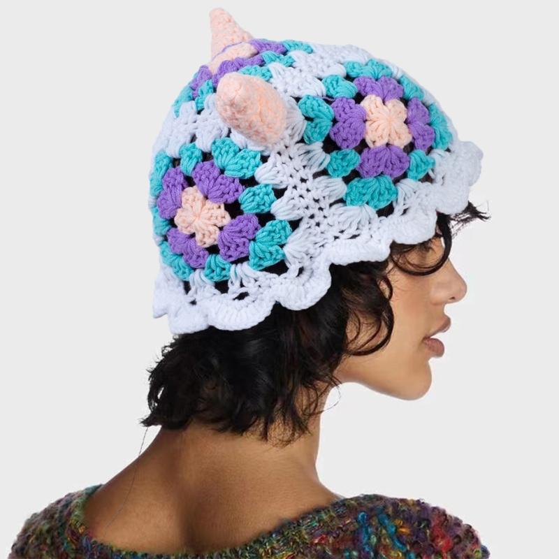 Knit Bucket Hat for Woman Breathable Weaving Horn Decor Bucket Hat Adult Teens Summer Floral Pattern Fisherman Cap