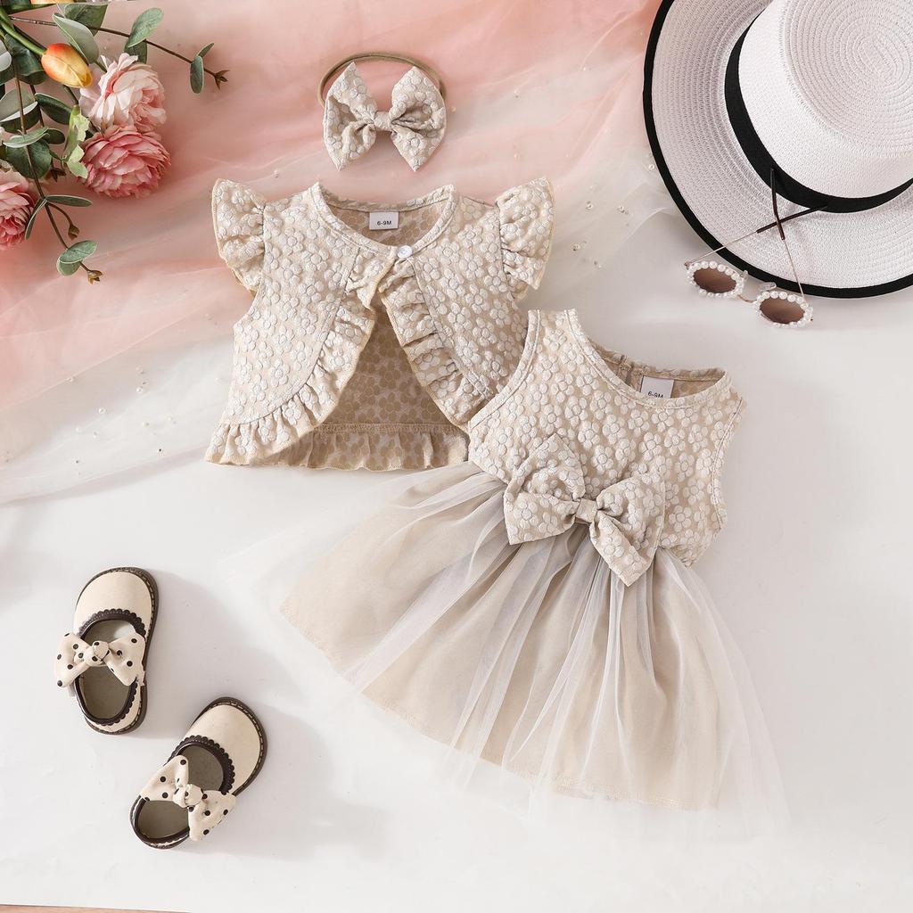 Baby Girl Summer Sleeveless Ruffled Jacket & Bow Mesh Dress with Headband Set