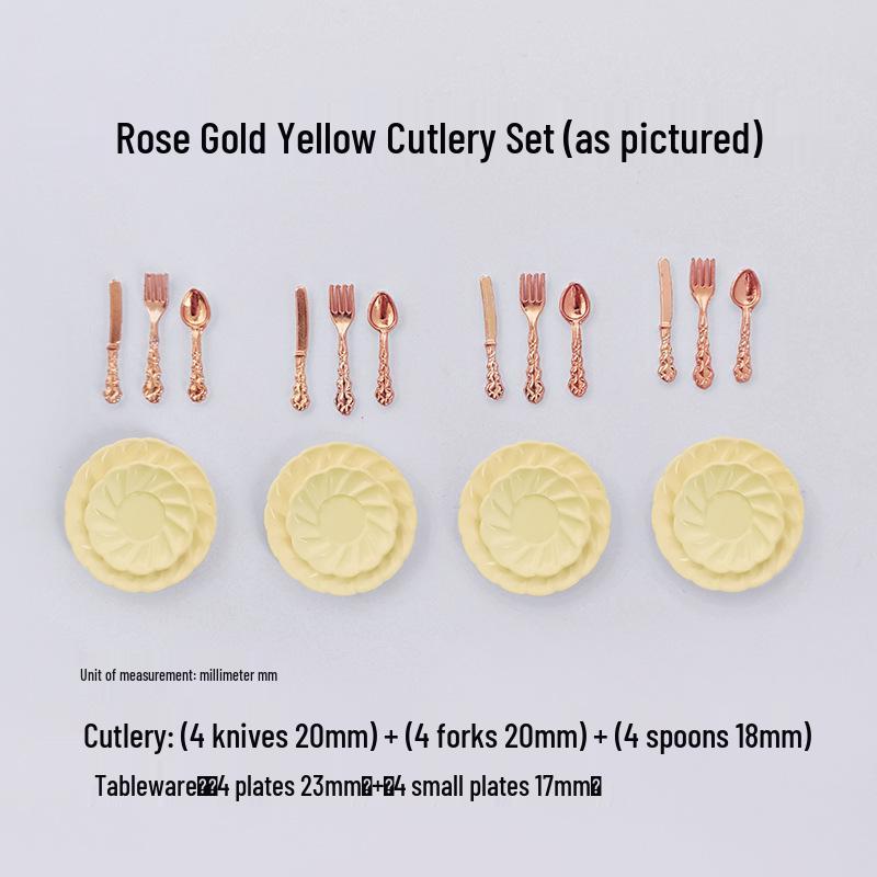 Miniature Dollhouse DIY Model Cake Set: Alloy Plate, Knife, Fork & Spoon Props