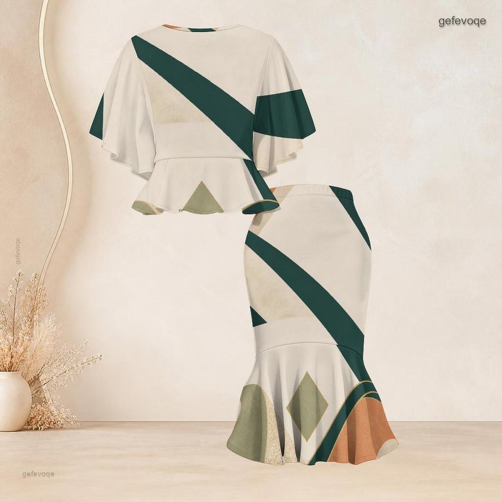 Women Plus Size Blue White Printed Two Piece Set Round Neck Batwing Short Sleeve Ruffle Hem Top Fishtail Skirt