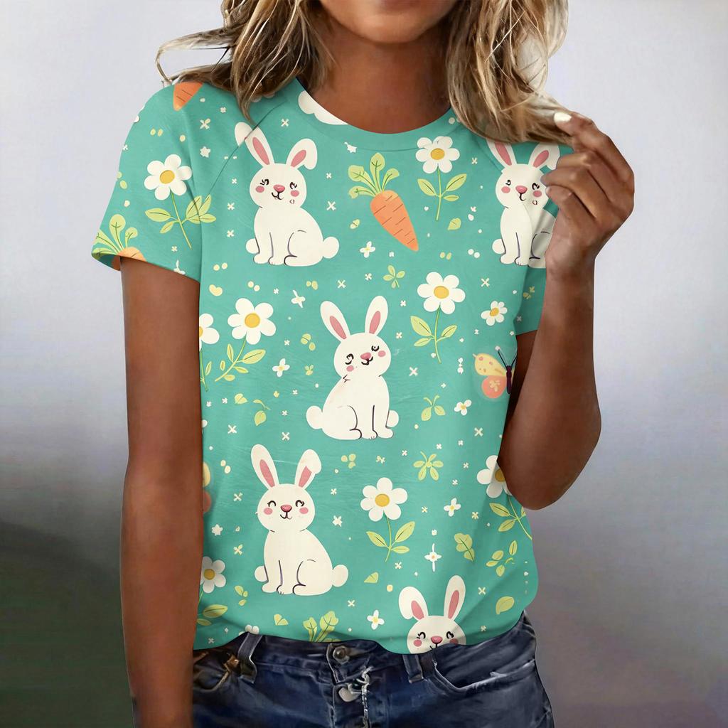 Women's Fashionable Casual Short-Sleeved Raglan Sleeve Easter Print T-Shirt Top