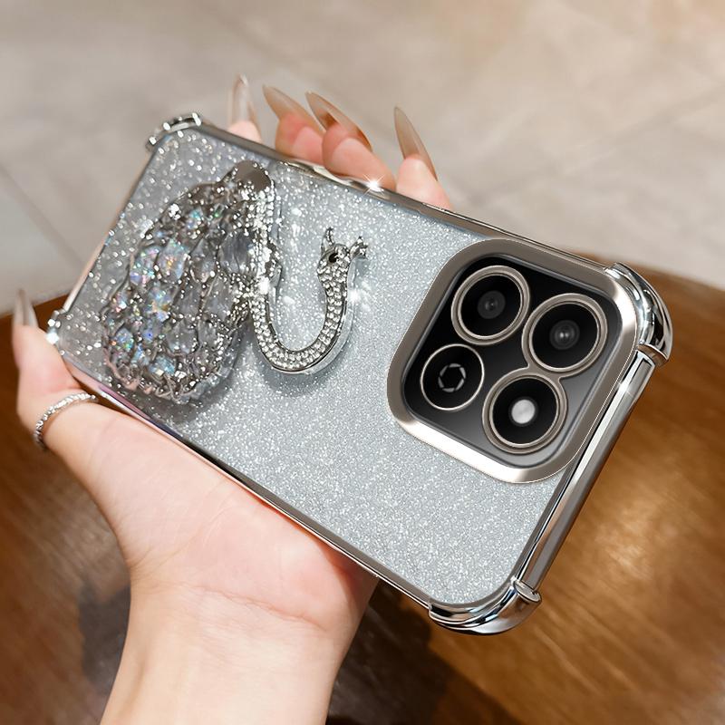 KEYSION Shockproof Plating TPU Phone Case for HONOR X7c Glitter Jewelled Swan kickstand Back Cover for Honor 200 Smart 5G