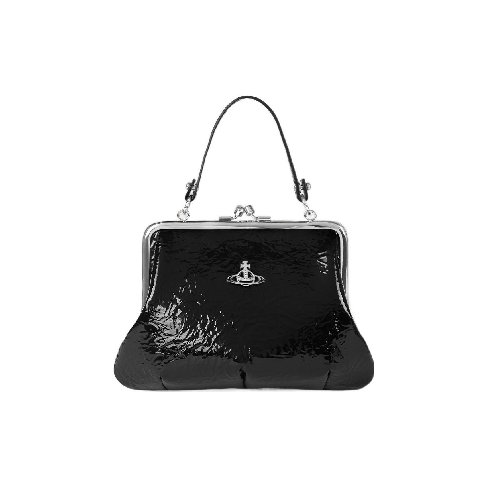 Vivienne Westwood Saturnus Logo Geplooide Metallic Afneembare Ketting Schouderband PU Knodel Tas Dames Schoudertas Zwart 52020003S000WN404 Basic Set (Bag+Dust Bag)