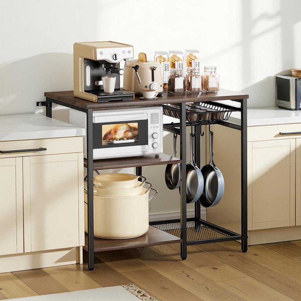 Estantería de Cocina para Panaderos, Estantería para Panaderos de 900 mm de Ancho, Soporte de Cocina con Barra de Soporte en Forma de X, 5 Ganchos en Forma de S, Estante de Almacenamiento Multicapa, Soporte para Barra de Café