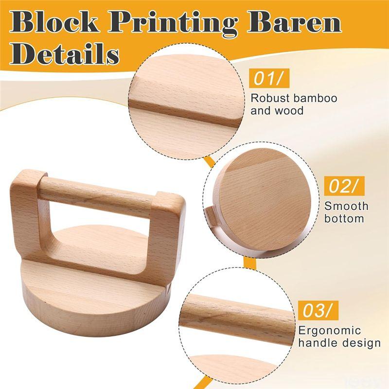 AEE4-2Stk Holzblockdruck-Baren mit Gummi-Farbwalze, Blockdruck-Set zum Basteln, Drucken, Einfärben