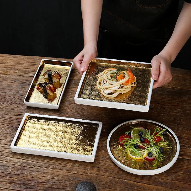 Gold-plated rectangular tray, premium sushi cuisine, barbecue, , Japanese flat , commercial ceramic tableware