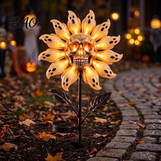 Unique Holiday Path Lighting for Patio Solar Powered Skull Sunflower Light, Waterproof Garden Stake Automatic Charging Scary Decor Halloween Yard Lawn