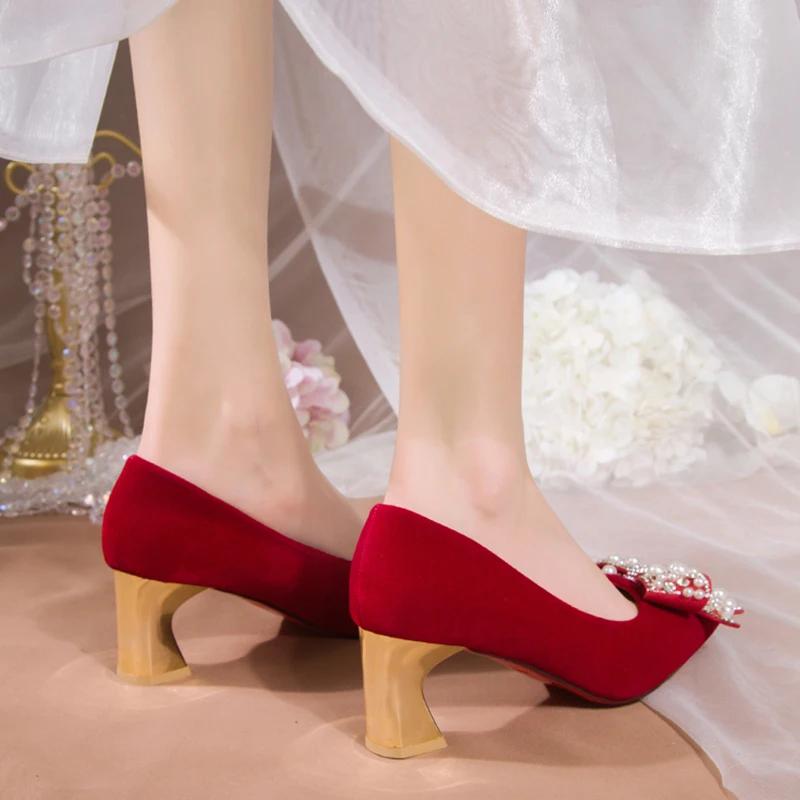 Fashion Rimocy Elegant Ladies Red Silk Wedding Bride Shoes Pearl Bowknot Pointed Toe Pumps Women Sexy Party Dress High Heels Shoes Woman