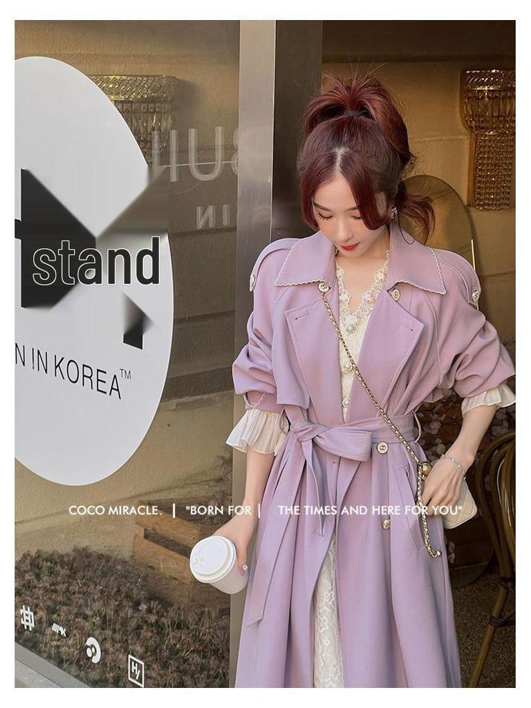 Women's Purple Double-Breasted Trench Coat - Korean Style Spring & Autumn Fashion, Casual Loose Mid-Length Design (2025)