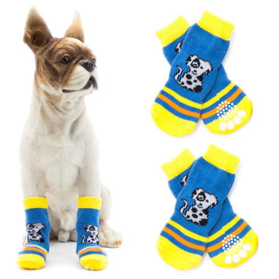 Yousheng 4Pcs Pet Stocking Puppy Print Anti-skid Breathable Elastic Pet Dogs Three Sections Long Socks for All Seasons