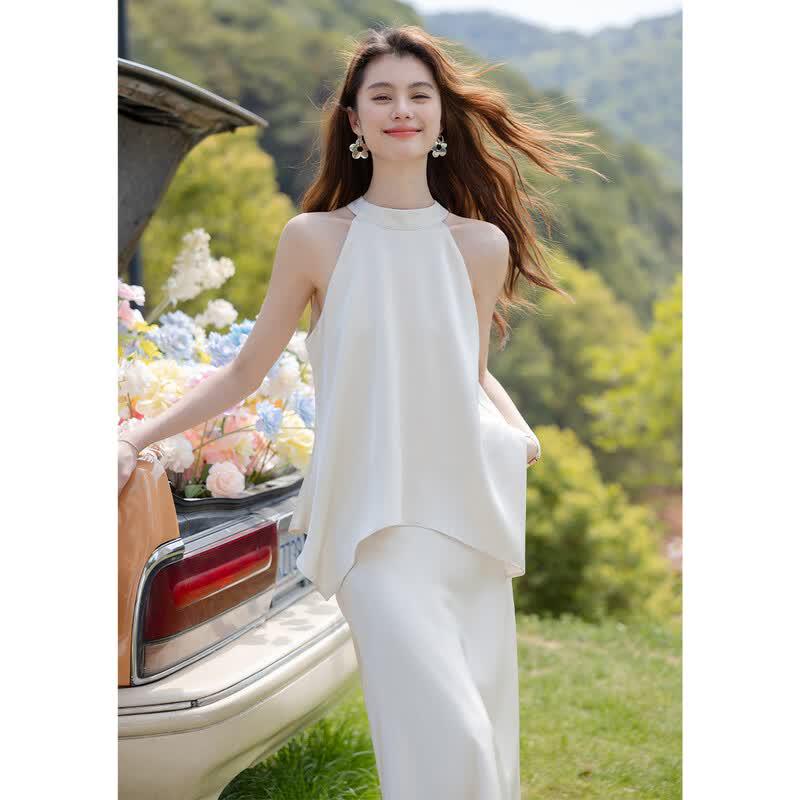 Mocana Women s French Elegant Sleeveless Satin Blouse & Long Skirt Set S
