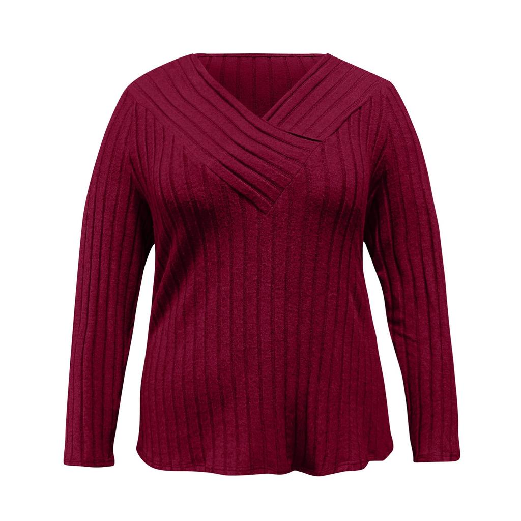 Women's Solid Color Plus Size Cross V-Neck Long Sleeved Pullover T-shirt Top
