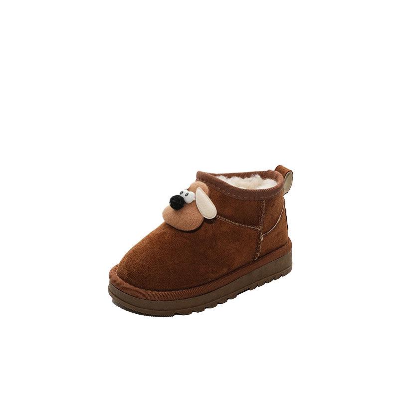 Children's Non-Slip Leather Snow Boots with Plush Lining and Cartoon Doll Decor