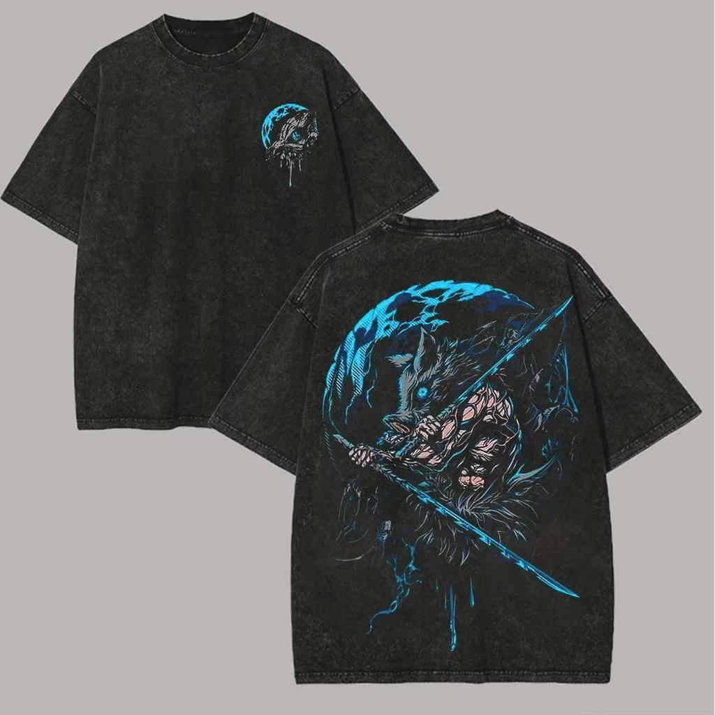 

Manga Demon Slayer Inosuke Printed Tshirt Mens and Womens Washed Tshirt High Quality Vintage Cotton Tshirt Harajuku Tops M