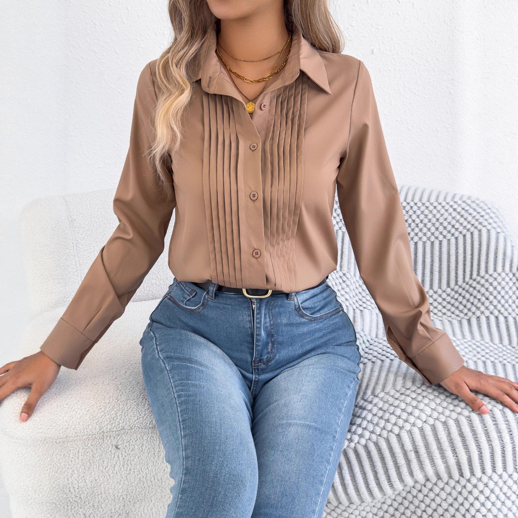 Women Pleated Front Button Down Long Sleeve Blouse S хаки