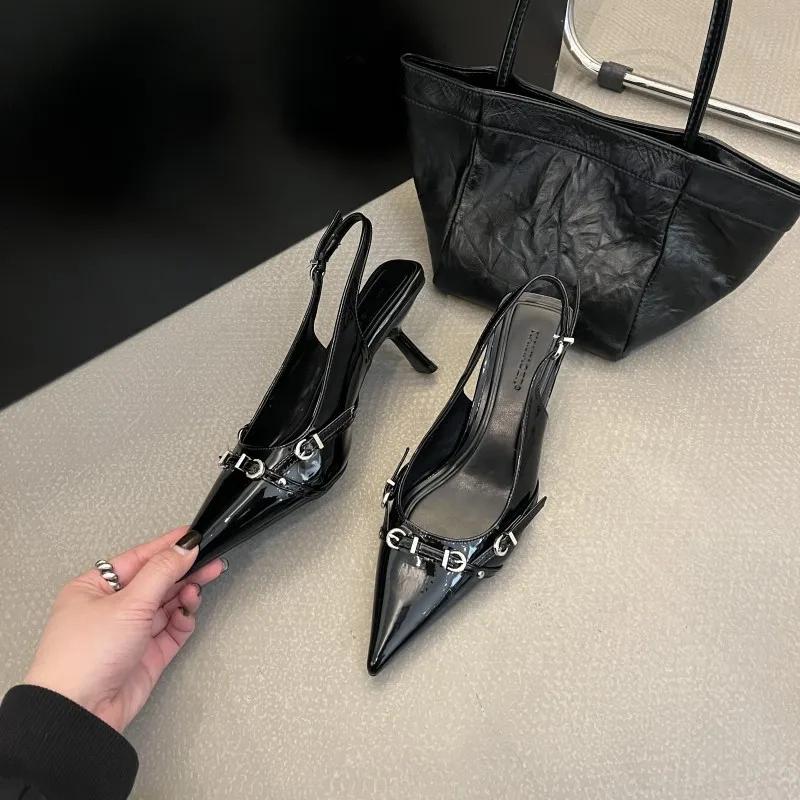 Tacones de mujer, Zapatos de tacón alto con perlas para mujer, sandalias sexys con punta puntiaguda, a la moda, para banquete,