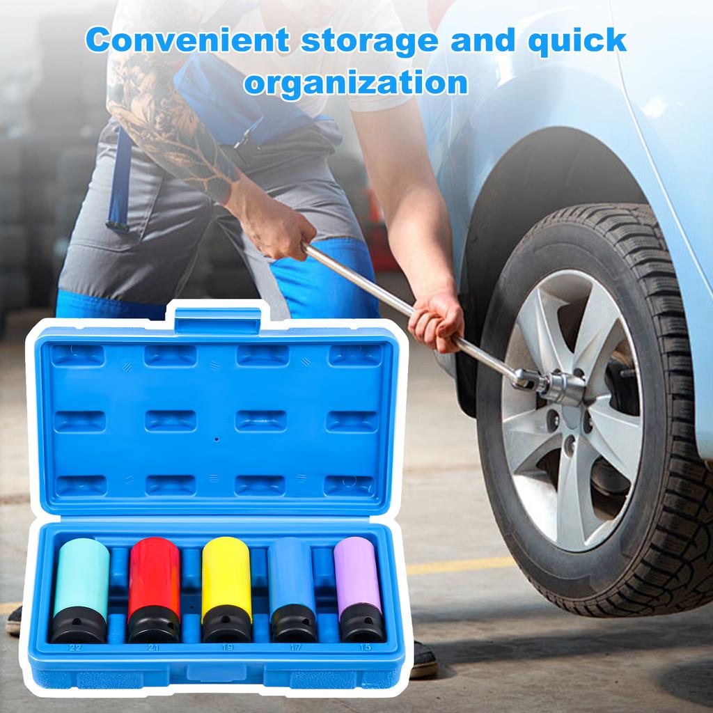1/2" Drive Lug Nut Socket Set Steel Thin Wall Deep Wheel Protector Impact Socket Set for Car Repair Maintenance 15/17/19/21/22mm