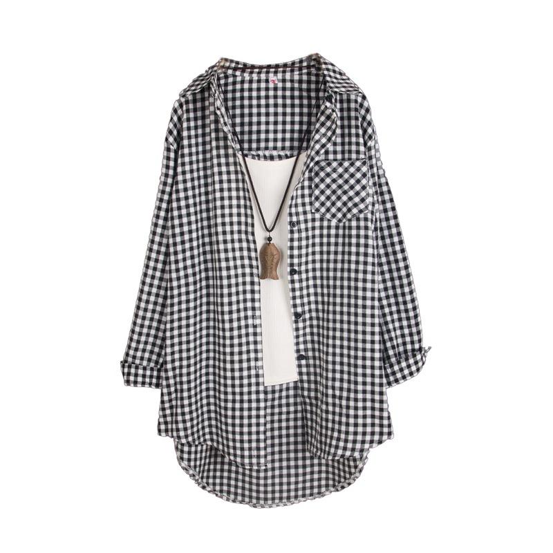 Plaid Shirt for Women Medium To Long Spring and Autumn Thin Jacket Loose Long Sleeved Shirt