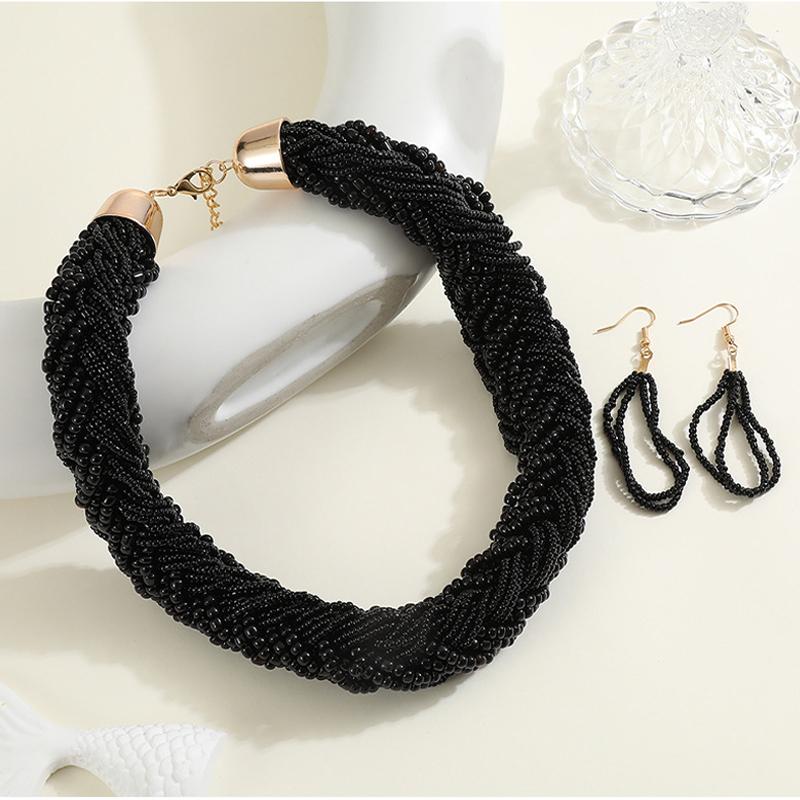 Bohemian Style European Colorful Multi-layer Rice Beads Handmade Woven Necklace Earrings Set