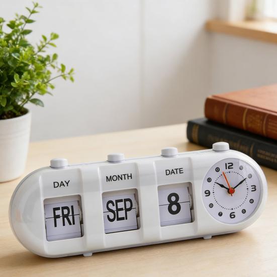 Perpetual Desk Calendar with Clock Vintage Manual Flip Calendar Digital Alarm Clock with Day Month Date Display for Home Office Desk Shelf Decor