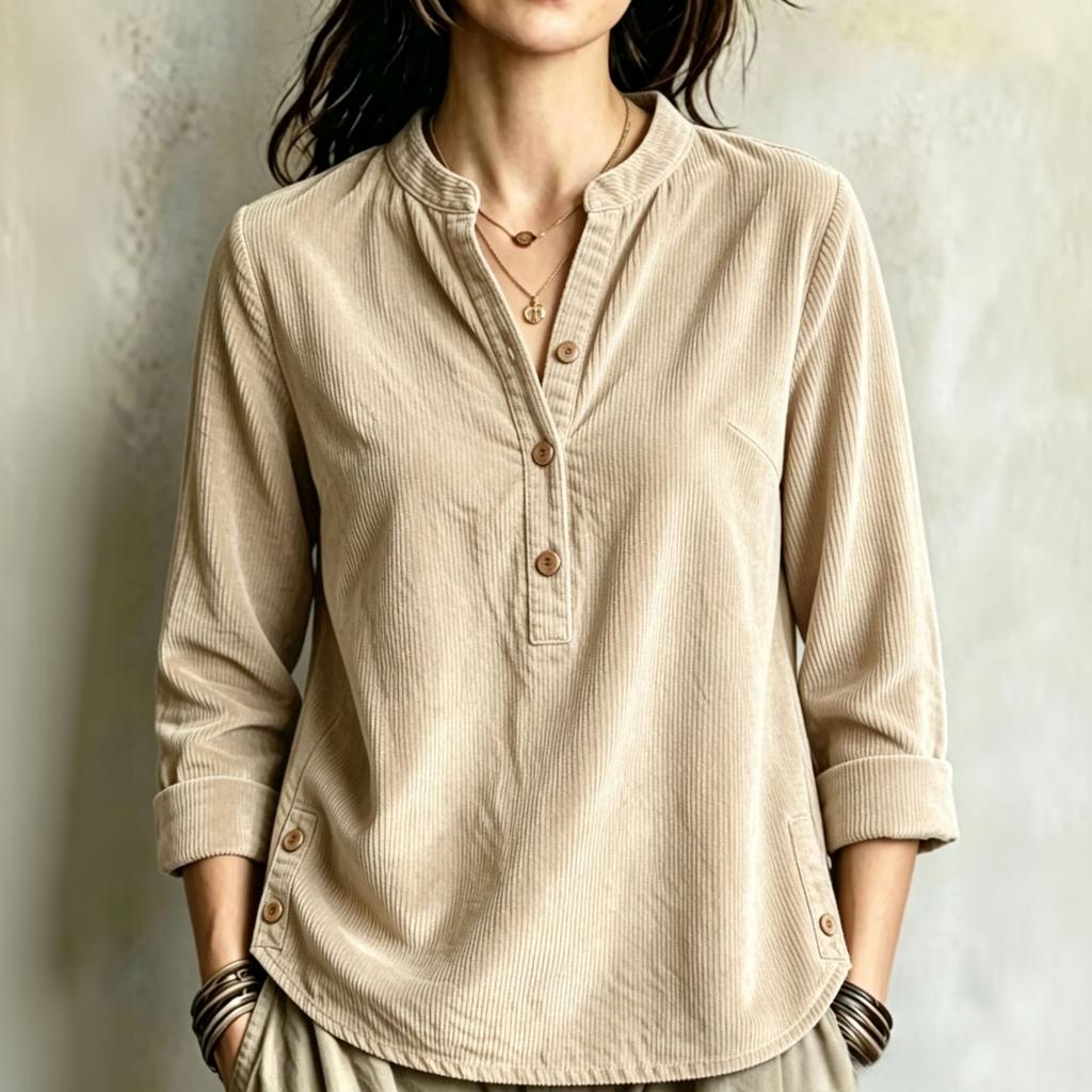Chemise à Manches Longues Boutonnée Col en V en Velours Côtelé pour Femme, Style Décontracté