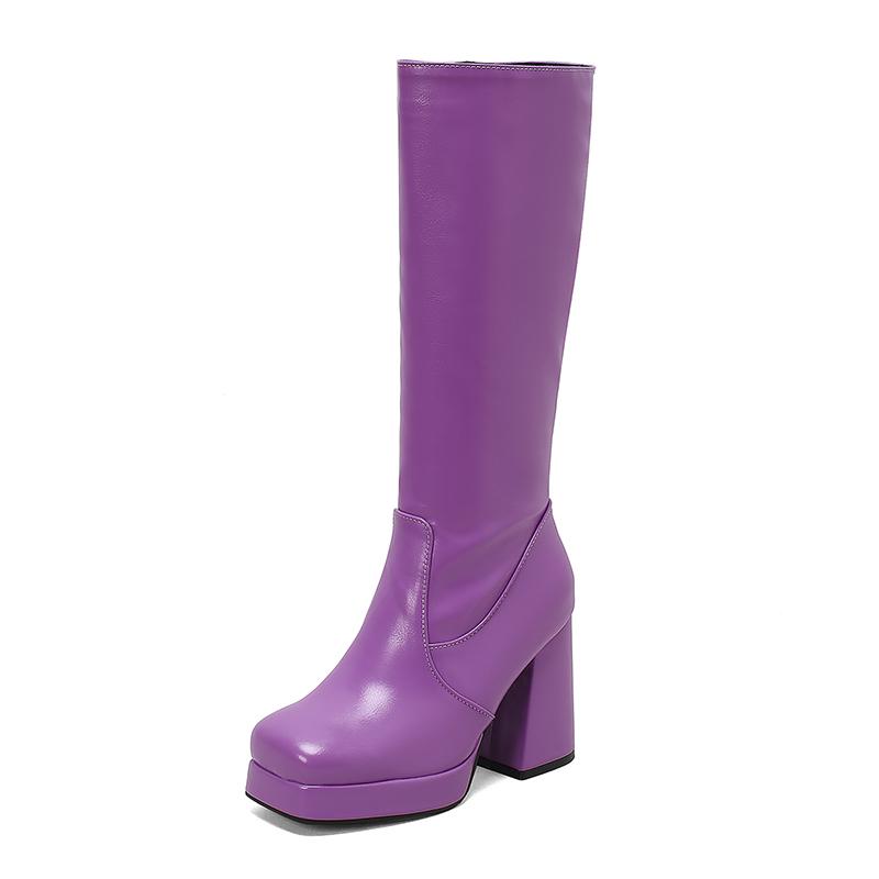 Candy Colored Glossy Patent Leather Material For Women's Knee Boots Square Toe Platform Ultra-High Thick Heel Winter Long Boots