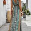 Strap Print Dress Women A line Sleeveless Waist Deep V Spring Summer S-XL