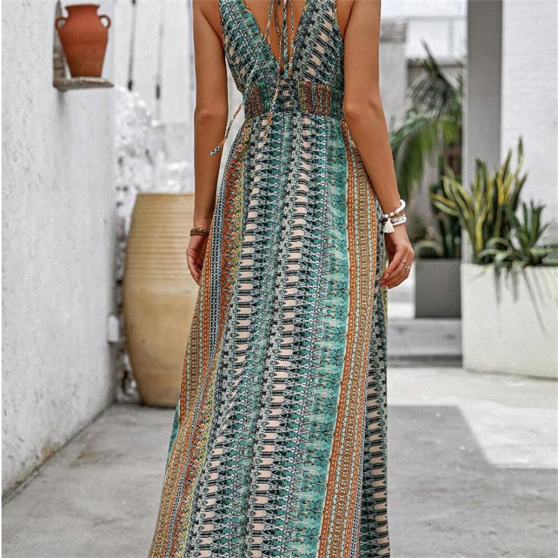 Strap Print Dress Women A line Sleeveless Waist Deep V Spring Summer S-XL
