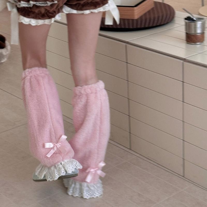 Elegant Ruffle Lace Trimmed Leg Sleeves Fleece Plush Cold Weather Essential Leg Warmers For Women's Fashion Long Socks