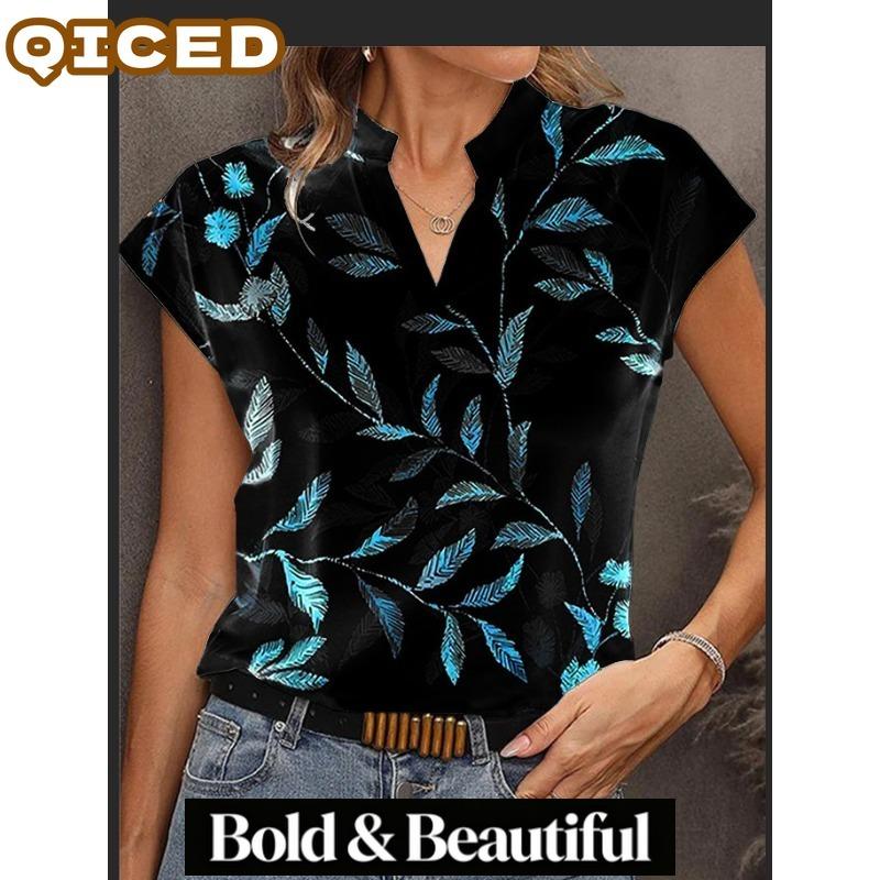 QICED Women's Fashion Casual Short Sleeve V-Neck Blouses & Shirts