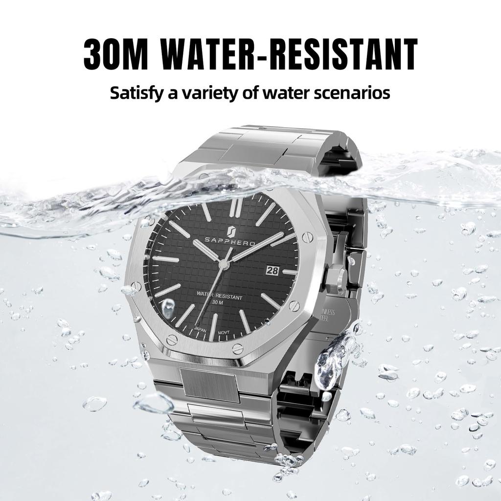 SAPPHERO Watches Octagonal Stainless Steel Waterproof Luminous Wristwatch Luxury Analog Quartz Watch Date Dress Business Watch Casual Luxury Design