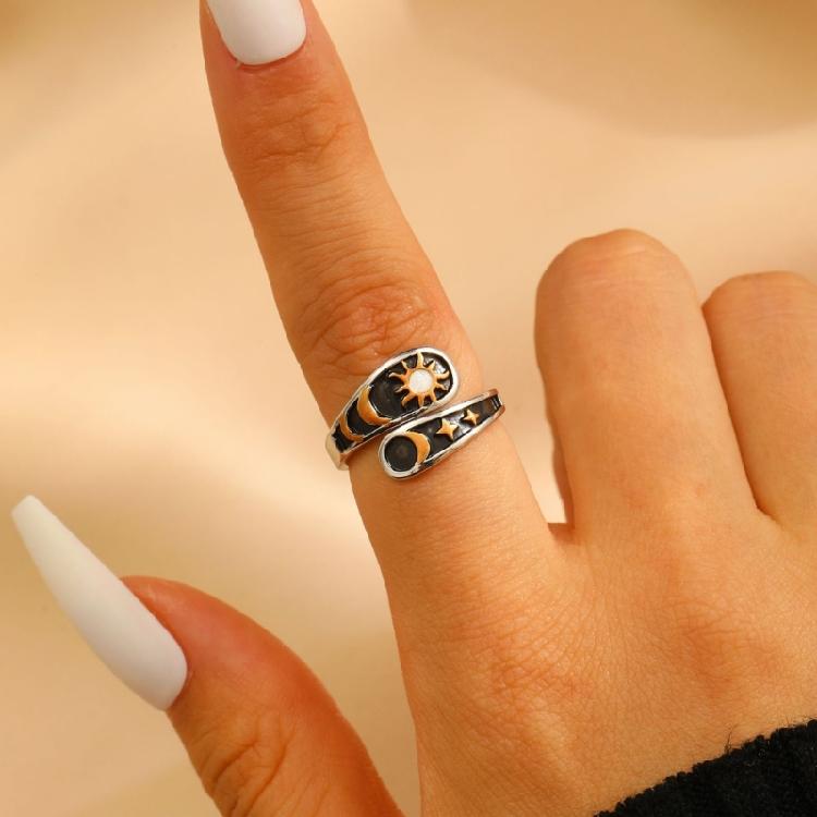 Ideal Gift Copper Adjustable Ring Featuring Moon Star Sun Pattern Sturdy Finger Rings for Daily Use Comfort and Style